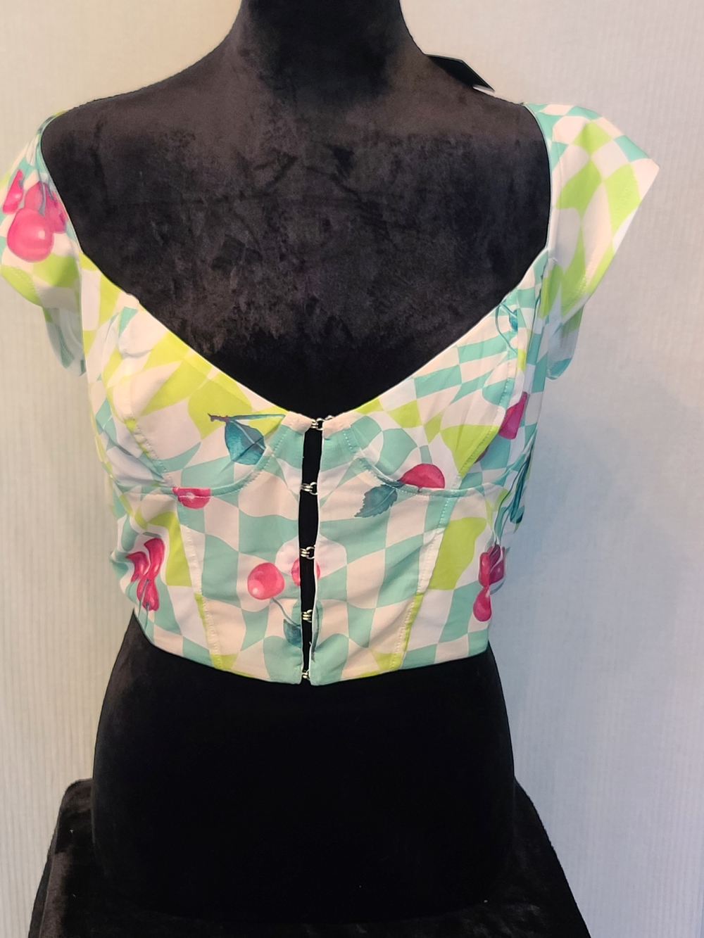 AFRM Mint Green & White Cherry-Print Sweetheart Crop Top